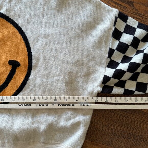 Originality Smiley Face Sweater XL Y2K Retro Checker Sleeves Beige Knit Pullover - Picture 6 of 6